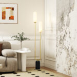 Lampada da Terra a U con 2 Luci, Interruttore a Pedale e Base in Marmo, 26x12x150 cm, Bianco Nero e Oro - immagine 2