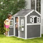 Casetta per Bambini 3-8 Anni con 6 Finestre e Fioriera, in Legno di Abete, 104,5x110x137 cm, Grigia - immagine 2