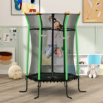 Trampolino Elastico per Bambini 3-10 Anni con Ingresso a Cerniera e Pali Imbottiti, Ø163,5x190 cm, Verde - immagine 2