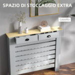 Copritermosifone in MDF a Doghe, Copricalorifero a Griglia con 2 Cassetti, 111x19x95,5 cm, Grigio - immagine 6