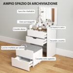 Tavolo da Trucco 3 in 1 con Specchio, Vano, 2 Cassetti e Sgabello, in Legno, 50x40x78 cm, Bianco - immagine 5