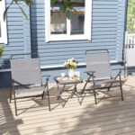 Set da Giardino con Tavolo con Piano in Vetro e 2 Sedie Pieghevoli con Schienale Regolabile, Grigio - immagine 8