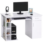 Scrivania per PC Ergonomica con Mensole, Armadietto, Cassetto e Piano Tastiera Estraibile, Bianca, 120x60x74cm - immagine 4