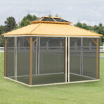 Zanzariera per Gazebo Tende di Ricambio Universale con Cerniere, 352x207cm - Nero e Beige - immagine 2
