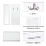 Mobile per Ingresso in Legno Set 3 Pezzi con Scarpiera, Appendiabiti e Specchio, 80x27x46,5cm - Bianco - immagine 7