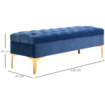 Panca Imbottita Fondoletto in Tessuto Vellutato e Base in Metallo Dorato, 118x45x42 cm, Blu - immagine 3