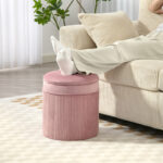 Set 2 Pouf Poggiapiedi Rotondi Impilabili e Imbottiti con Rivestimento in Velluto, Contenitore da 34,8L, Rosa - immagine 7