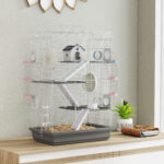 Gabbia per Criceti a 4 Livelli e 16 Tubi con Casetta, Rampa, e Accessori, in Metallo e Plastica, 47x30x70 cm, Grigio - immagine 8