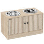 Portaciotole per Cani con 2 Ciotole da 2L in Acciaio Inox e Armadietto Inferiore, in Legno, 60x30x35,5 cm, Rovere