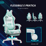 Sedia da Gaming Reclinabile con Poggiapiedi e Cuscini, in Finta Pelle e Spugna, 65x62x116-124 cm, Bianco e Blu - immagine 7