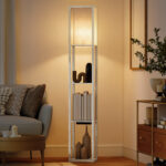 Lampada da Terra con Ripiani, Luce Regolabile, Interruttore a Pedale e Porte USB, Bianco e Rovere - immagine 2