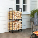 Portalegna da Esterno e Interno a Due Livelli con Ruote in Acciaio Rinforzato, 60x30x119 cm, Nero - immagine 9