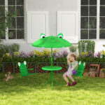 Set Tavolo da Giardino con 2 Sedie Pieghevoli, Tavolino con Sedie da Esterno con Ombrellone per Bambini in Metallo e Poliestere, Verde - immagine 3