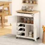 Carrello Cucina con Portabottiglie, 3 Ante, 4 Ruote e Cassetto, Mobiletto Cucina Salvaspazio per Microonde e Spezie in Legno, 67x37x87 cm, Bianco e Rovere - immagine 7