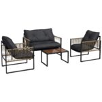 Set da Giardino 4 Pezzi in Rattan con Divanetto, 2 Sedie e Tavolino da Caffè, Grigio e Marrone