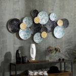 Decorazione Murale in Metallo 3D, Wall Art a Cerchi 133x66cm, Blu, Nero e Oro - immagine 2