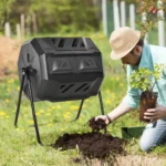 Compostiera da Giardino Girevole a 2 Sezioni con 8 Prese d'Aria, Compostiera Domestica in Acciaio e PP, 160 L, per Compostaggio Rifiuti Organici, 71x65x96 cm, Nero - immagine 11
