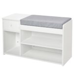 Panca Scarpiera con Cuscino, Cassetto e 3 Vani Aperti in Legno, 81x31,5x49cm, Bianco