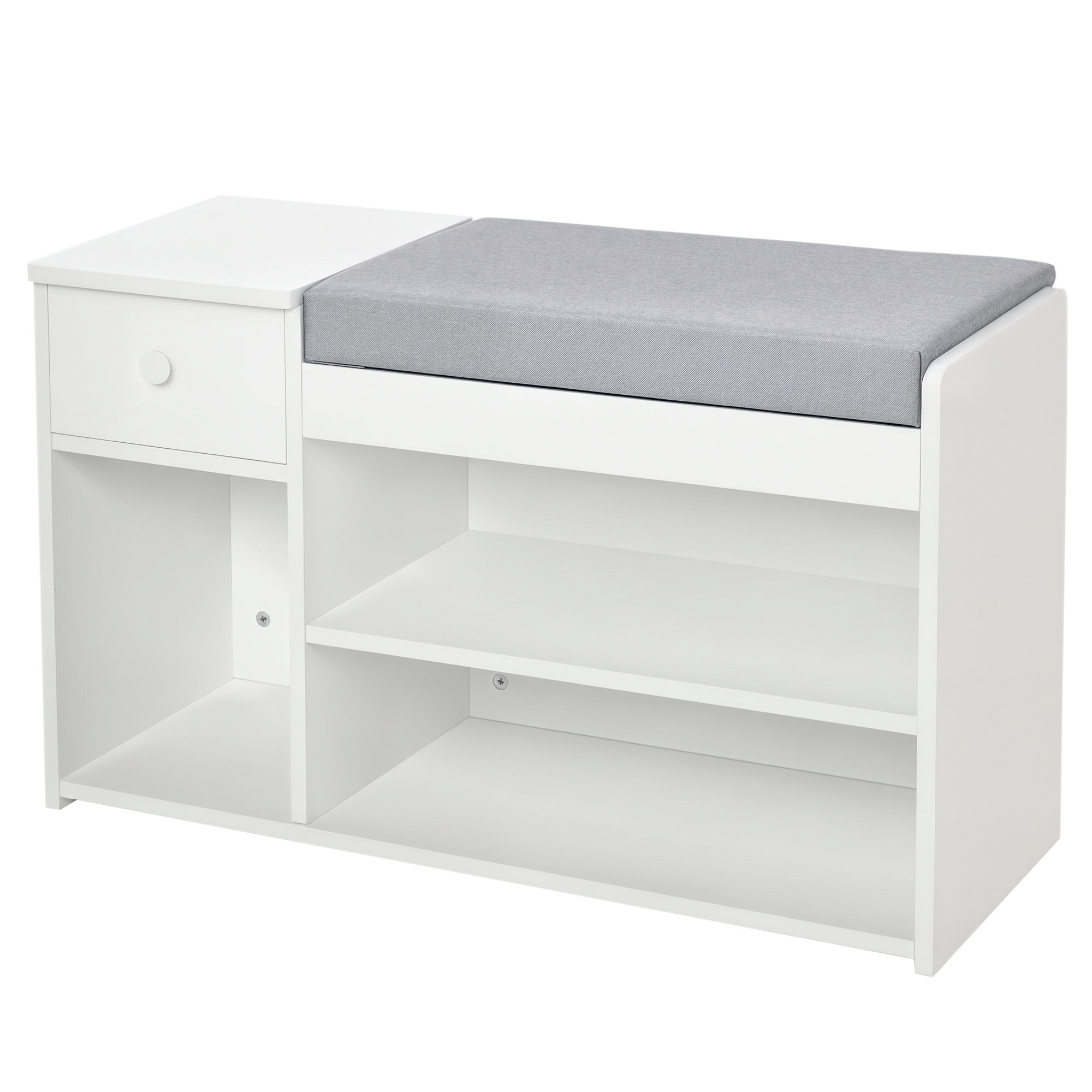 Z4Pd441983e59beb7.jpg Panca Scarpiera con Cuscino, Cassetto e 3 Vani Aperti in Legno, 81x31,5x49cm, Bianco - immagine 1