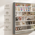 Bacheca Portaoggetti a 5 Ripiani Regolabili in Legno con Ante in Vetro, 80x9,5x83 cm, Bianco e Grigio - immagine 6