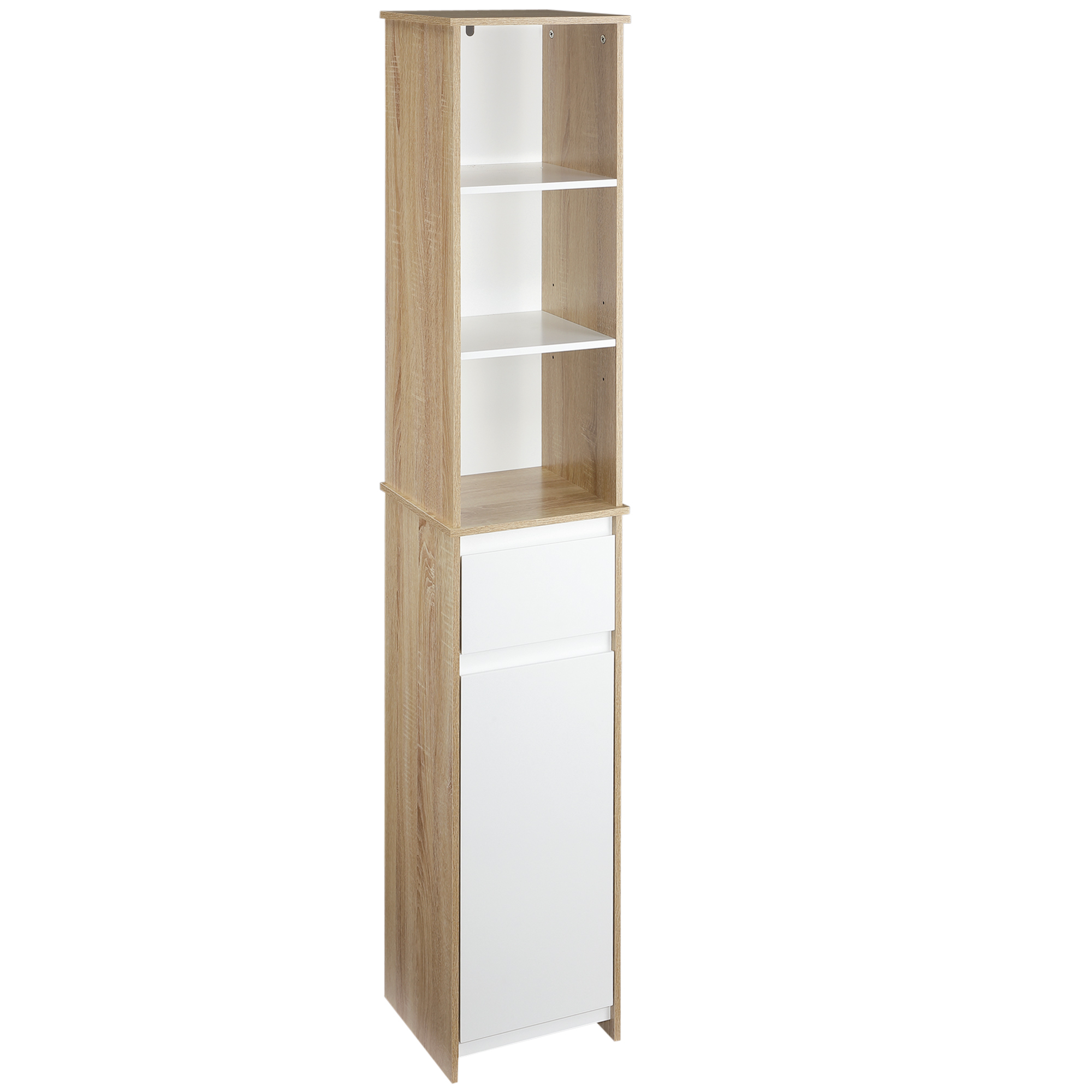 ZEcd5819492f9c0e7.jpg Scaffale Bagno Salvaspazio in Legno, Mobiletto a Colonna con Ripiani, Armadietto e Cassetto, Bianco, 32,6x30x171,2cm - immagine 1