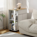 Carrello Cucina con Cassetto, Armadietto e 2 Ripiani Laterali, in Legno, 78x39,5x88,5 cm, Bianco e Rovere - immagine 8