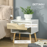 Set di 2 Comodini Moderni con Cassetto e Mensola, Base Rialzata e Gambe in Legno, 50x39x51cm, Bianco e Rovere - immagine 5