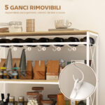Carrello Portavivande a 4 Livelli con Portabottiglie e 5 Ganci Rimovibili, in Legno e Metallo, 96,5x38x96,7 cm - immagine 6