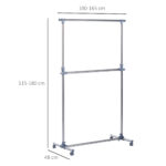 Stender Appendiabiti con Altezza ed Estensione Regolabili, 4 Ruote Girevoli, Acciaio Inox e ABS, 165x48x180cm - immagine 3