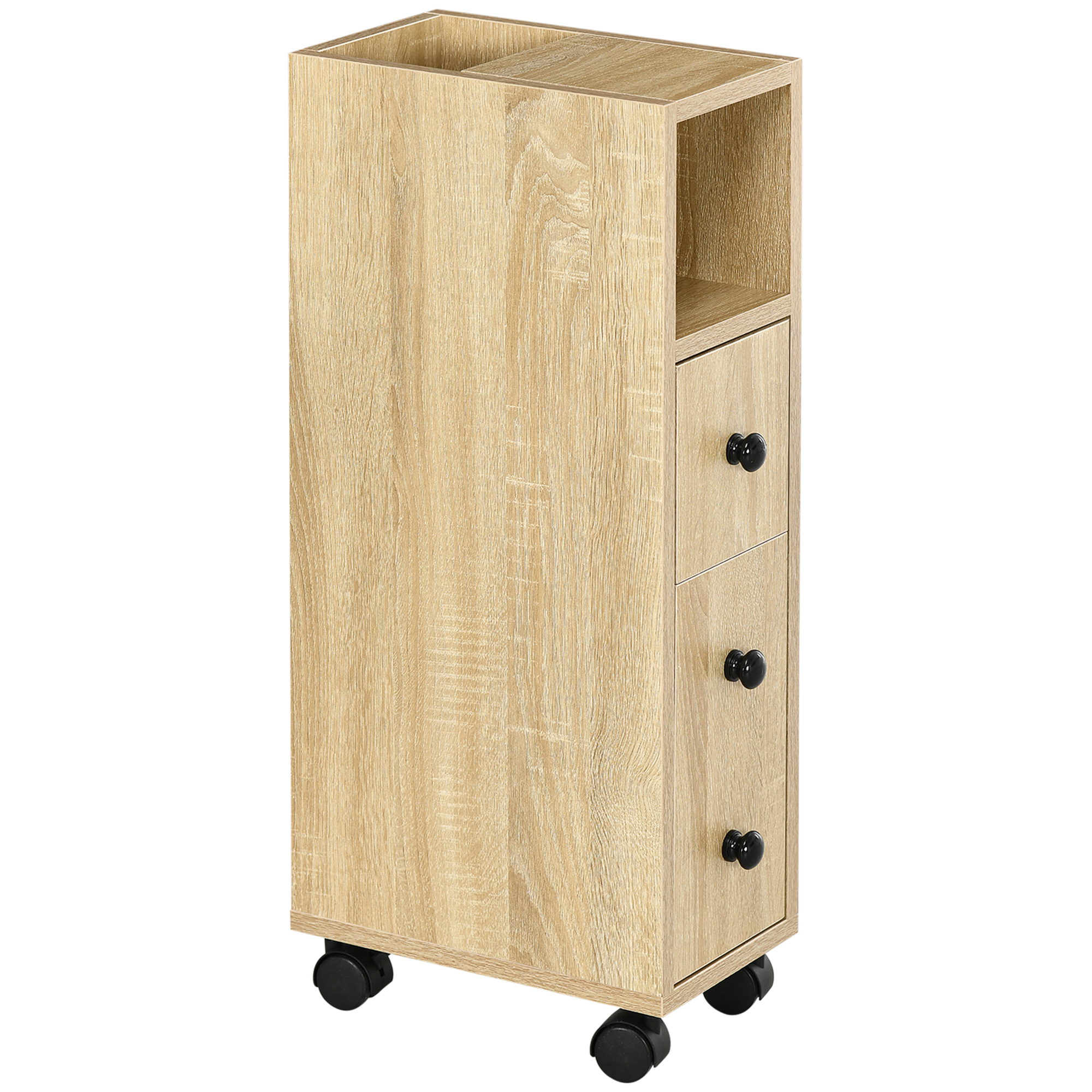 Zj27bf19493672a60.jpg Armadietto da Bagno a Colonna, Mobile Bagno con 4 Ruote, 1 Cassetto 1 Armadietto con Anta 2 Armadietti Aperti, Color Rovere, 18x30x68,5 cm - immagine 1