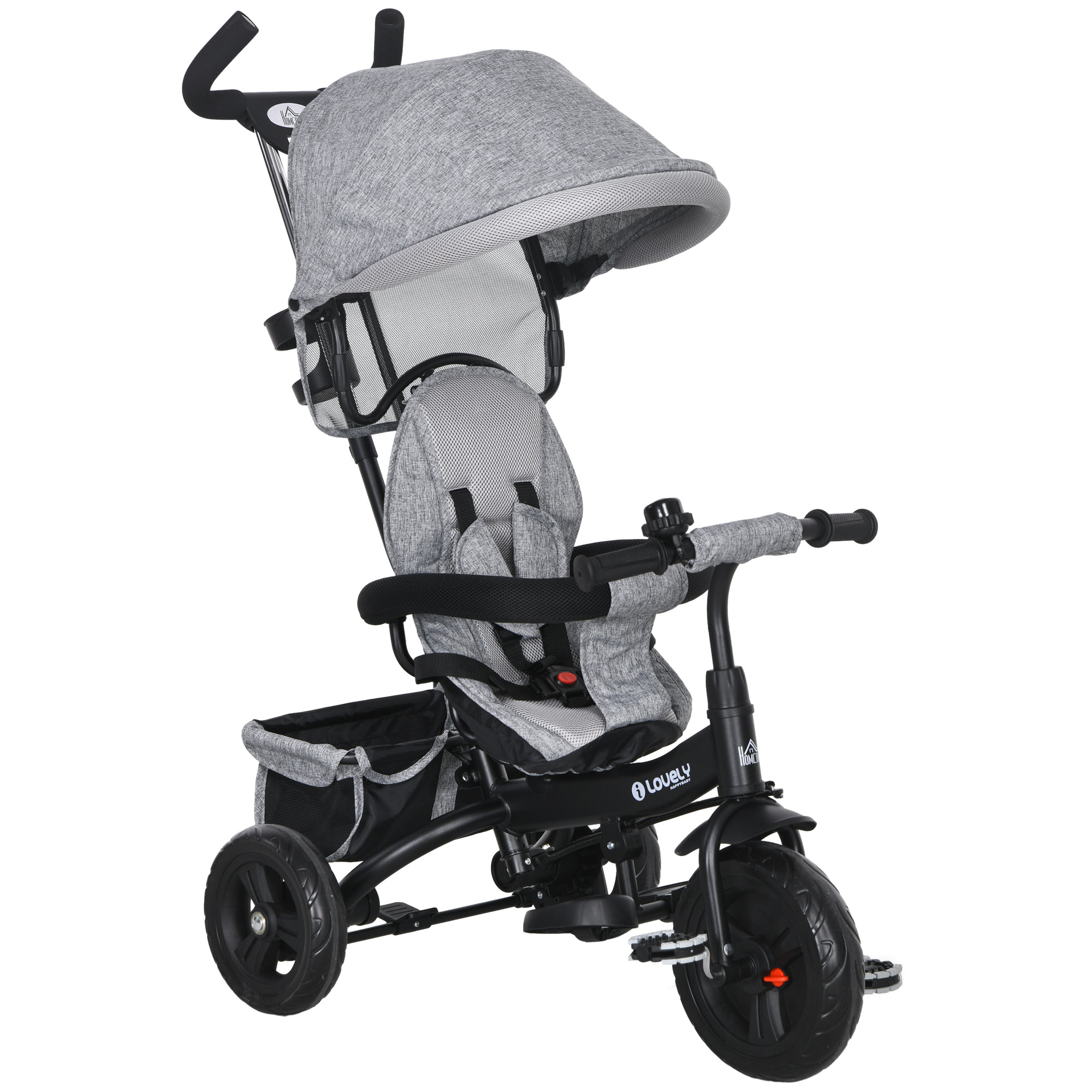 Zj86da19495d4f5a7.jpg Triciclo per Bambini con Maniglione 6 in 1, Tettuccio Regolabile e Cintura di Sicurezza, Età 1-5 Anni, Grigio - immagine 1