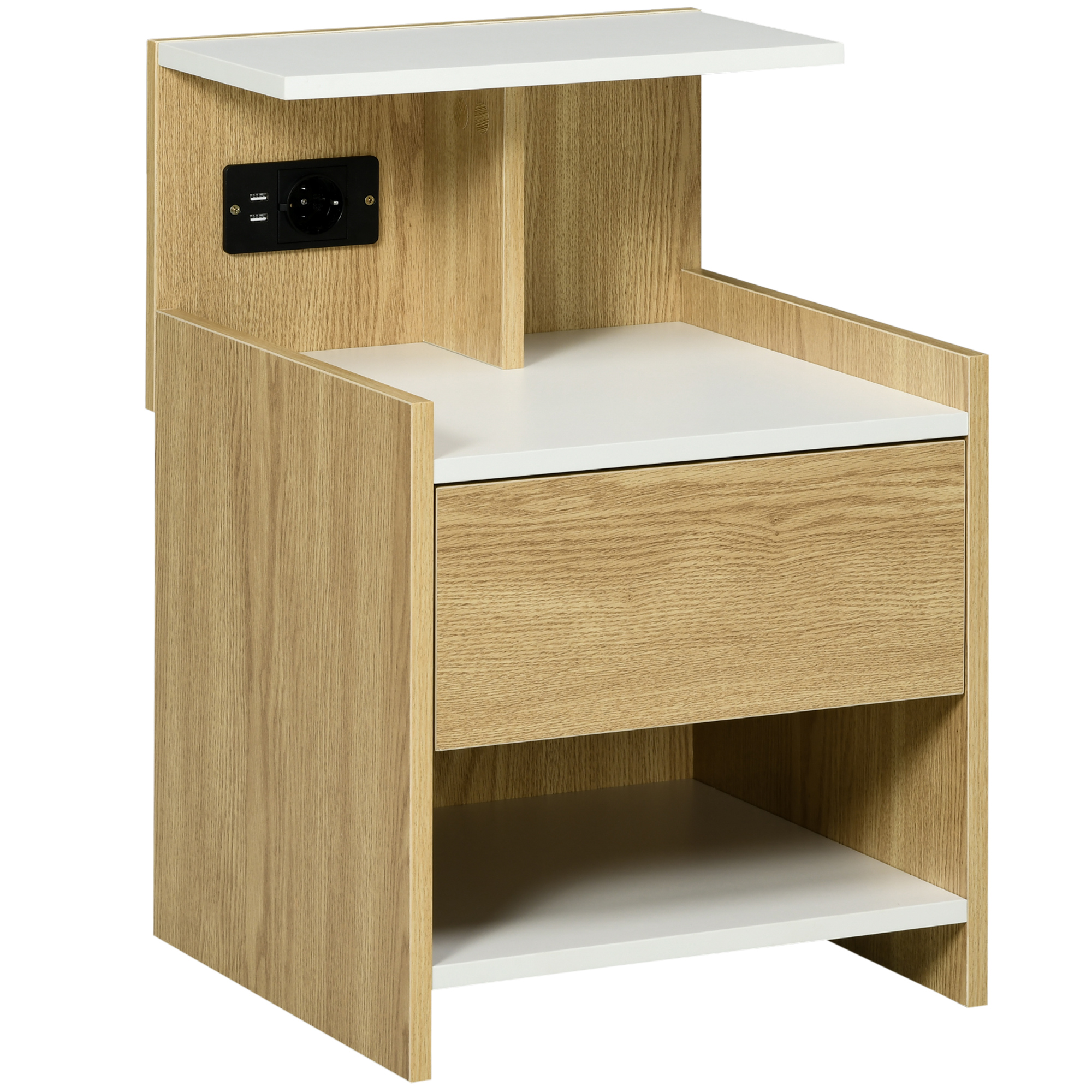 a1c7c219b8cf5caff.jpg Comodino moderno con 2 Prese, 2 porte USB e Cassetto in truciolato, 40x40x60cm, Color Legno - immagine 1