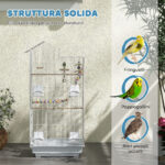 Gabbia per Uccelli, Voliera con Maniglia e Porte, Gabbietta con Altalena, Ciotole e Giochi, 46x36x1 cm, Bianco - immagine 6