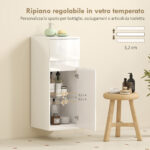 Mobiletto Bagno Sospeso con Cassetto, Anta Lucida e Ripiano in Vetro Regolabile, Bianco - immagine 5