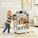 Libreria per Bambini 3-8 Anni a Due Lati, Scaffale Portagiochi con Ruote e Lavagna Nera, Bianco - immagine 5