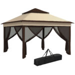 Gazebo 3x3 Regolabile su 3 Livelli con Pareti Rimovibili, in Acciaio e tessuto Oxford, color Caffè e Beige