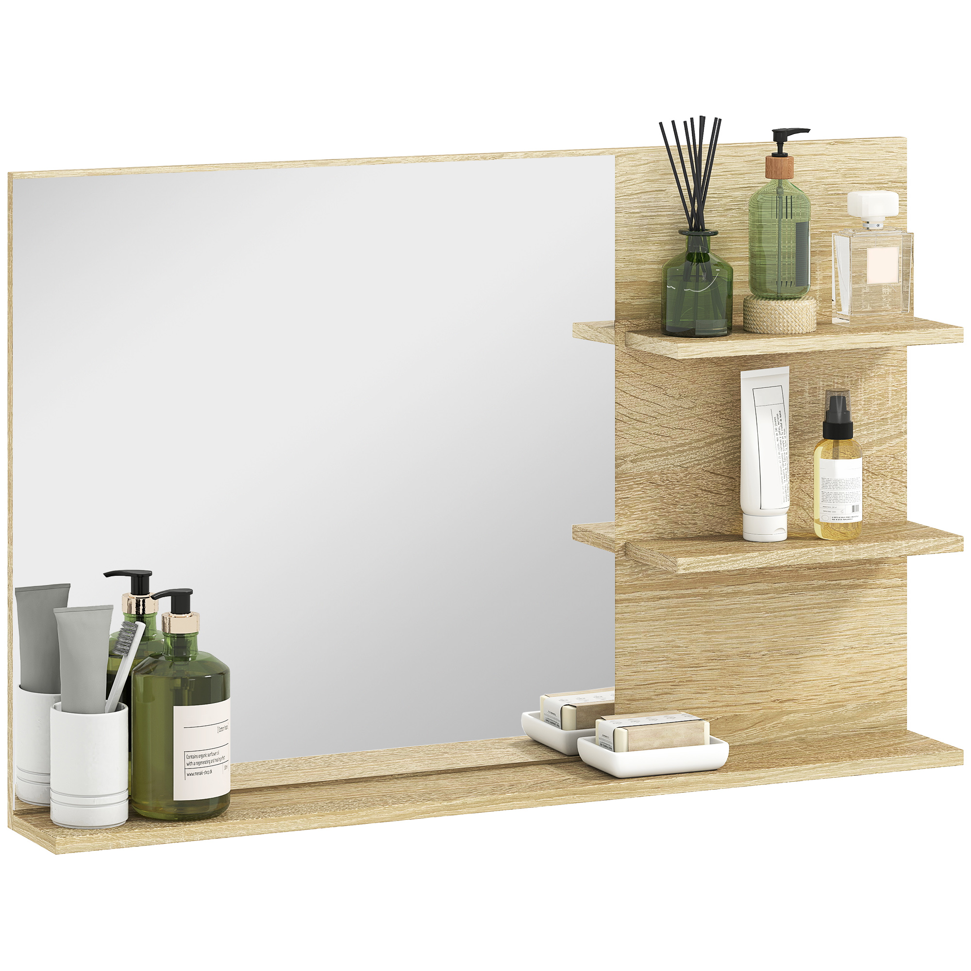 aTg1081965d716add.jpg Specchio Bagno Moderno con 2 Ripiani Laterali e Ripiano Inferiore, in Legno e Vetro, 75x10x48 cm, Color Legno - immagine 1