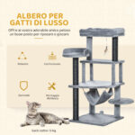 Albero Tiragraffi per Gatti con Palo, Casetta, Letto, Amaca e 2 Giochi in Legno e Peluche, 48x48x107 cm, Grigio - immagine 6