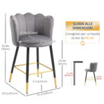 Set da 2 Sgabelli da Bar Vellutati con Poggiapiedi e Base in acciaio, 59x52x90cm, Grigio - immagine 7