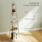 Libreria Angolare a 5 Ripiani con Struttura Pieghevole e Piedini Regolabili, Colore Legno - immagine 4