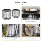Set 2 Tavolini da Salotto Impilabili Rotondi in Acciaio con Vano Contenitore, Nero - immagine 5
