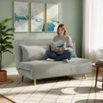 Divano Letto Matrimoniale con Schienale Regolabile e 2 Cuscini, in Tessuto Effetto Lino Grigio - immagine 2