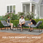 Set da Giardino 4 Pezzi con Divanetto, 2 Poltrone e Tavolino, in Acciaio, Poliestere e Cotone PP, Nero e Grigio - immagine 7