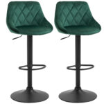 Set 2 Sgabelli da Bar, Altezza Regolabile con Base in Metallo e Seduta in Velluto, Sgabelli Moderni con Schienale e Poggiapiedi, 46x48x83-104 cm, Verde