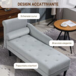 Chaise Longue con Rivestimento Trapuntato Effetto Velluto Grigio, in Legno Massello e Spugna, 146x61x82,5 cm - immagine 5