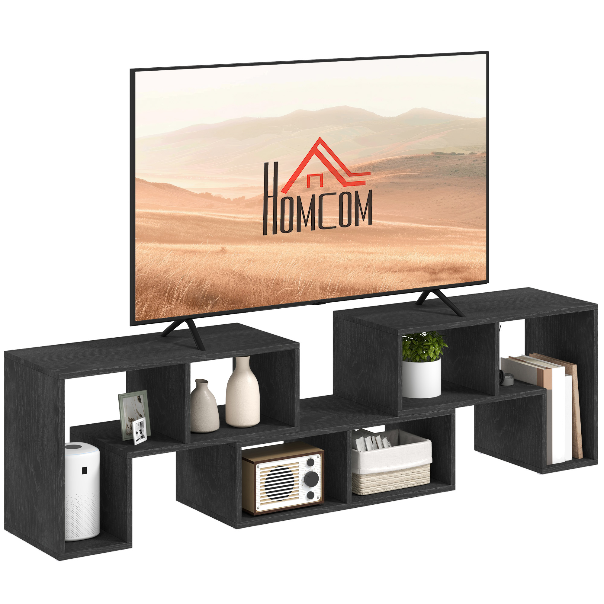 bQd388194970c7921.jpg Mobile TV 75" max Modulabile con 2 Ripiani a L e Mensola Rettangolare, in Legno, 134-180x30,5x44 cm, Nero - immagine 1
