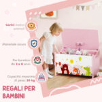 Baule Portagiochi per Bambini con Cerniere di Sicurezza in Legno con Disegni di Animali, 60x37x39 cm, Rosa - immagine 7