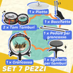 Set Batteria Giocattolo per Bambini con Sgabello, Gioco Musicale per Bambini 3-6 Anni, Nero - immagine 5