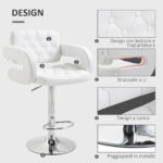 Sgabello Alto Moderno da Bar con Schienale e Braccioli, Regolabile e Girevole, per Cucina o Pub, 64x50x94-114cm, Bianca | Aosom Italy - immagine 7