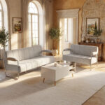 Divano 2 Posti Moderno Rivestito in Ciniglia Beige, in Acciaio, Spugna e Pannello Multistrato, 120x73x76 cm - immagine 9